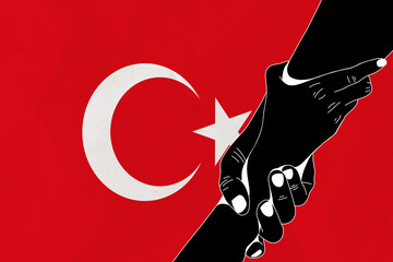 Helping hand against the Turkey flag. The concept of support. Two hands taking each other. A helping hand for those injured in the fighting, lend a hand
