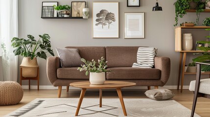 a serene living room adorned with a brown single sofa, wooden coffee table, and neutral carpet, complemented by Scandinavian-style home decor and lush greenery against a soothing grey background.