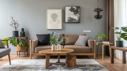 a serene living room adorned with a brown single sofa, wooden coffee table, and neutral carpet, complemented by Scandinavian-style home decor and lush greenery against a soothing grey background.