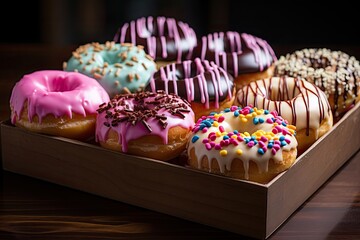 A box of fresh donuts at an inviting table., generative IA