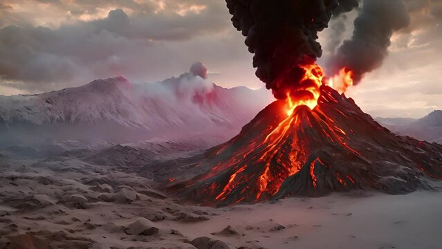 Volcanic eruption with fiery lava, smoke and ash. Live wallpapers. Slow motion footage. View of horizon. Abstract background of nature view.