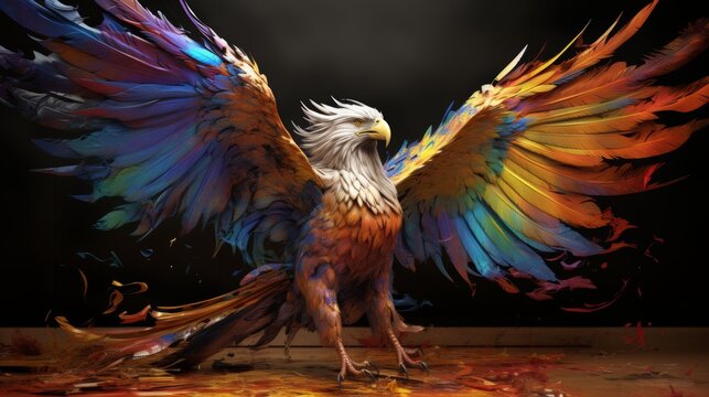 Merge the mythical aura of a traditional oil painting of a griffin with a futuristic twist, showcasing its fierce yet graceful form in a 3D rendered virtual reality setting, complete with surprising c