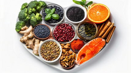 Heart shaped plate of healthy heart foods with acai, lentils, soy sauce, ginger, salmon, carrot, tomato, turmeric, cinnamon, walnuts, garlic, peppers, broccoli, basil, onion isolated on white