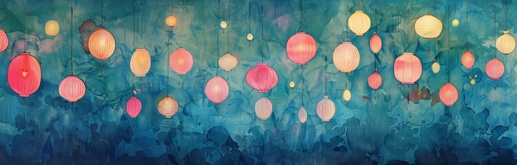 A festive scene of paper lanterns floating into a twilight sky, each lantern a different shade of watercolor, creating a tapestry of light and color