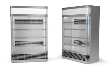 Refrigerated showcase with glass doors. 3d illustration set on white background