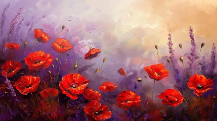Fototapeta na wymiar A gentle breeze rustled through a field of red poppies, their vibrant petals swaying like flames against a canvas of lavender and gold, a peaceful tribute on Memorial Day
