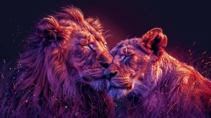 A lion embraces a lioness in a depiction of pop art lions. Digital modern graphics. Layered. A lion embraces a lioness in a representation of pop-art lions on a purple background. - obrazy, fototapety, plakaty