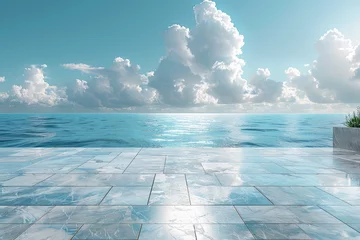  A realistic photo of an empty marble floor with a view over the ocean, blue sky and white clouds. Created with Ai © Design Dockyard