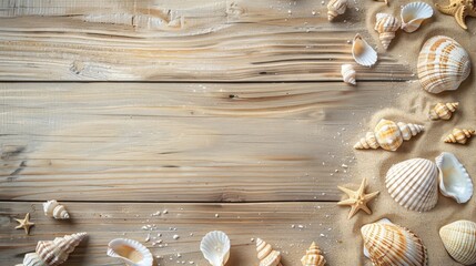On a bright summer-colored wooden table, sand and shells are scattered on one side, a background with space to copy. - obrazy, fototapety, plakaty