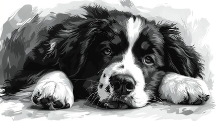 Playing dog. Wall sticker. Black-and-white sketch portrait of a Bernese mountain dog puppy on white. Modern illustration. - obrazy, fototapety, plakaty