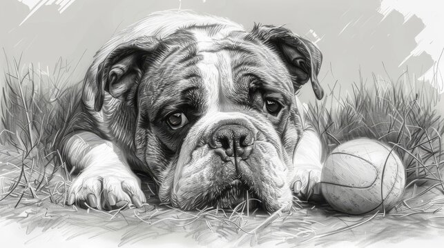 Sketch-styled black-and-white image of a bulldog with a ball. Digital modern illustration.