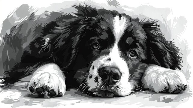 Playing dog. Wall sticker. Black-and-white sketch portrait of a Bernese mountain dog puppy on white. Modern illustration.