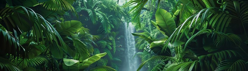 A lush tropical rainforest view, the canvas alive with the vibrant greens of dense foliage, a waterfall cascading in the background, and exotic birds peeking through the leaves - obrazy, fototapety, plakaty