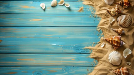 On a bright summer-colored wooden table, sand and shells are scattered on one side, a background with space to copy.