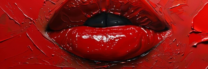 A macro view of vivid red lips, caught in the act of gasping for a gulp of fresh air - obrazy, fototapety, plakaty