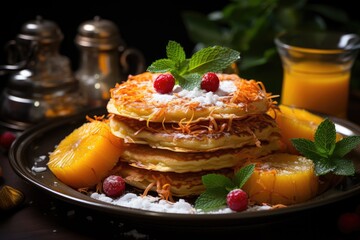 Coconut pancakes with pineapple syrup., generative IA