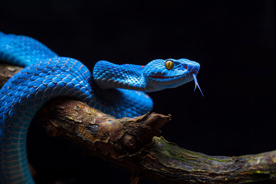 Blue viper snake on branch with black background, viper snake ready to attack