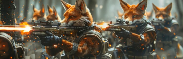 Fototapeta premium A pack of foxes, known for their cunning, dons armor designed for maximum agility and wields highprecision assault rifles mounted on their backs, picking off enemies from a distance