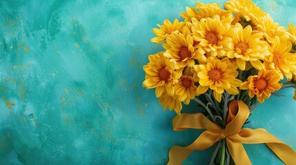 A vibrant bouquet of yellow chrysanthemums elegantly adorned with a ribbon pops against a turquoise backdrop These festive blooms serve as the perfect gift for occasions like Mother s Day W