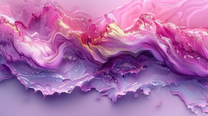   A tight shot of a pink-purple fluid painting against a deep purple backdrop, adorned with white and golden swirls on its left side - obrazy, fototapety, plakaty