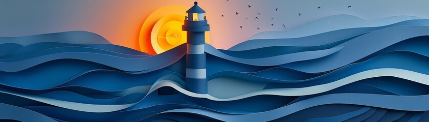 A papercut journey reveals a winding path leading to a shining lighthouse, representing the guidance and support that leads a business to success - obrazy, fototapety, plakaty