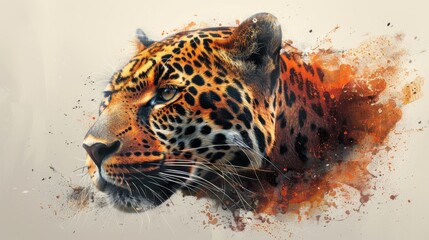 Leopard / Jaguar. Colorful, graphic, artistic portrait of a leopard surmounting a white background with watercolor splashes.