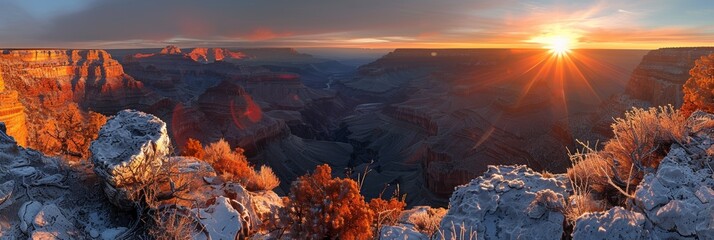 A desert sunset paints the Canyon's breathtaking landscape, a world-famous wonder for hiking and sightseeing.