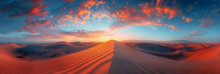 A serene wilderness at sunset, with endless sand dunes under a colorful sky in the desert.