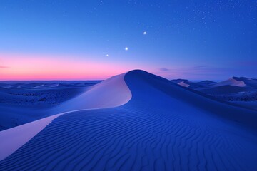 A starry desert night with sand dunes under a vast, blue sky, creating a breathtaking canvas.
