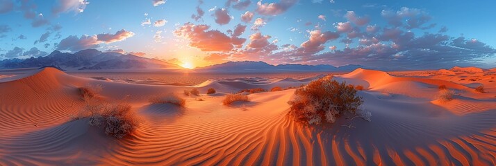 A breathtaking desert sunset with golden sands and a vivid orange sky.