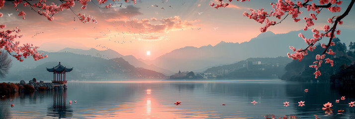 A calm morning by the lake, with majestic mountains, serene water, and a stunning sunrise. - obrazy, fototapety, plakaty