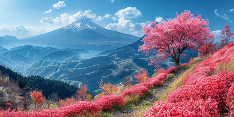 A panoramic view of Japan surrounded by cherry blossoms, offering breathtaking scenery.