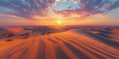 A mesmerizing desert sunset with golden sands, vivid skies, and a sense of adventure. - obrazy, fototapety, plakaty