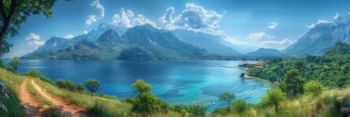 A panoramic view of a turquoise lake surrounded by majestic mountains and lush green forests. - obrazy, fototapety, plakaty
