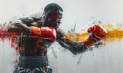 Boxer with red boxing gloves in action. Mixed media