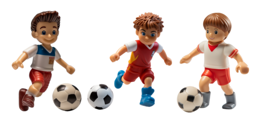 Three animated toy soccer players mid-action on a transparent png background