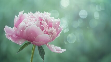 Pink peony with dewdrops against a soft green background.