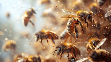 Fototapeta premium Close up view of the working bees on honeycells collecting nectar.