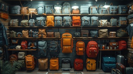 Huge collection of travel backpacks on shelves in the store.