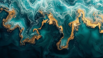   Abird's-eye perspective of a gold-and-blue swirled body of water, reminiscent of a painting
