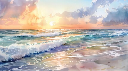A peaceful beach scene painted in watercolor, where gentle waves lap a sandy shore under a pastel sunset