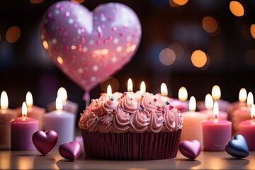 Heart -shaped birthday cake with candle and balloons., generative IA