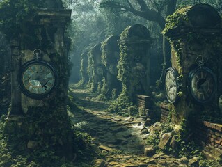A path through a graveyard with two clocks on the left and right sides. The clocks are broken and the path is overgrown with weeds