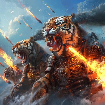 A pride of majestic tigers, adorned in armor fashioned from dragon scales, breathes fire from their mouths, incinerating enemy tanks