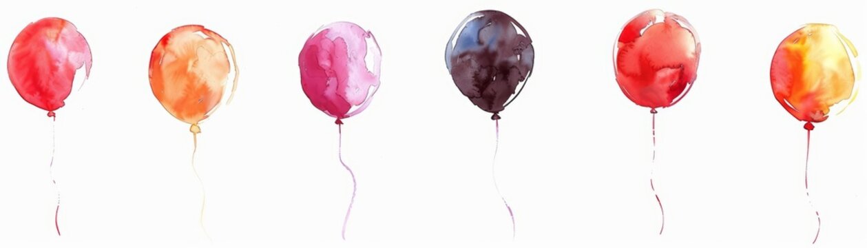 A series of balloons floating high in a clear sky, each painted in a different, soft pastel watercolor, symbolizing freedom and joy