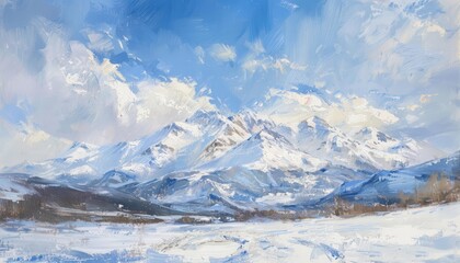 Fototapeta na wymiar A snowy mountain landscape in oil, the peaks dusted with white, standing majestically under a crisp winter sky, the air seeming to shimmer with cold