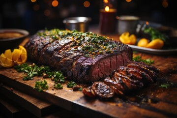 Grilled picanha being sliced, juicy and appetizing., generative IA