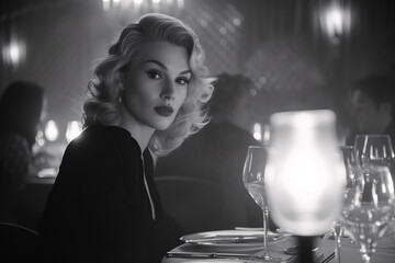 Elegant woman sitting at a table in a dimly lit retro-style restaurant