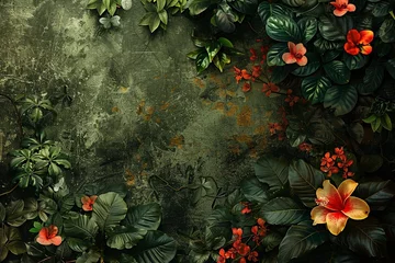 Foto op Plexiglas Lush tropical foliage with vivid flowers on a textured backdrop © Natalia