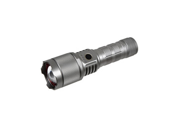 Modern metal LED flashlight in gray color. Portable flashlight isolate on a white back